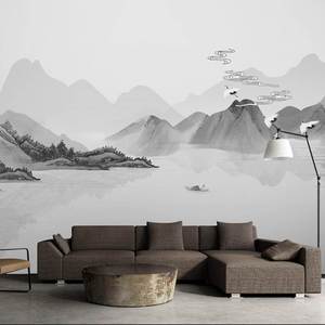 新中式淡雅水墨山水画墙纸电视沙发背景墙壁纸定制墙布大气8d壁画