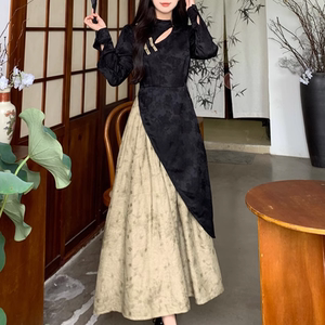 新中式假两件撞色长袖旗袍连衣裙秋冬季大码气质氛围感设计长裙子