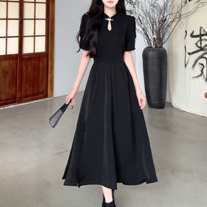 新中式水滴扣改良旗袍连衣裙夏季大码大摆侧面开衩短袖黑色长裙子