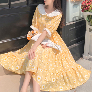 小清新少女感黄色雏菊公主裙子女夏季大码甜美温柔萝莉短袖连衣裙