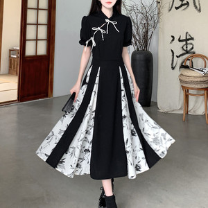 新中式国风改良旗袍裙子女夏季大码复古高级感印花拼接大摆连衣裙
