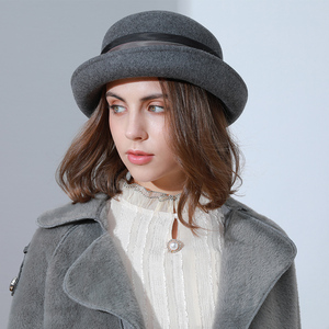 诗丹凯萨礼帽女士秋冬季新款英伦复古羊毛呢帽子女时尚盆帽女织带