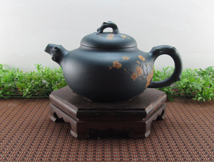 顾江明紫砂壶 墨绿泥梅花 老泥 纯手工堆绘200cc 名家正品 茶壶