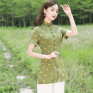 改良版旗袍短袖上衣女2023夏季时尚亚麻复古棉麻中国风小个子女装
