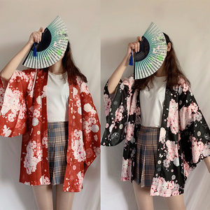 日系和风软妹樱花猫防晒衣羽织外套宽松日常可爱印花振袖和服春女