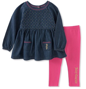 现货美国juicy couture童装 女童深蓝色牛仔圆领娃娃衫风打底裤