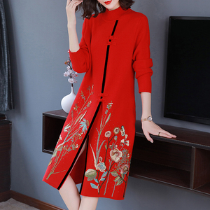 恒源祥旗袍连衣裙秋冬长款宽松喜庆针织毛衣裙羊毛国风红色长裙厚