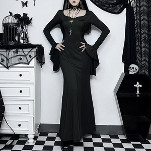 哥特风亚当斯一家女巫鱼尾裙女显瘦暗黑修女服穿搭长裙黑色连衣裙