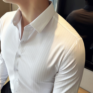高品质暗条纹无痕衬衫男长袖商务休闲领口刺绣设计新郎结婚白衬衣