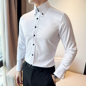 英伦风个性高领衬衫男长袖休闲商务高级感正装时尚修身韩版白衬衣