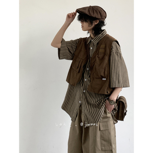 Jiwuus 夏日系复古短款咖啡色工装马甲男女生学院风摄影机能外套