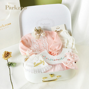 新生的儿见面礼春季女宝宝用品衣服礼盒套装婴儿满月礼物粉蕾丝裙