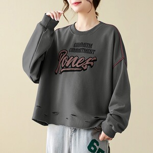 大码无帽圆领破洞短款卫衣女士春秋薄款宽松休闲小个子设计感上衣