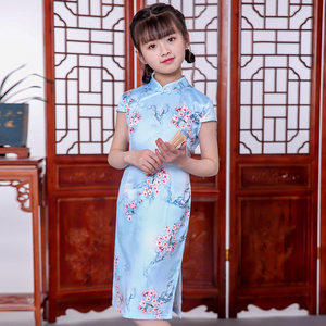 2023樱花儿童旗袍夏季女童唐装汉服中国风长款丝绸中式复古连衣裙
