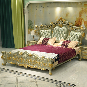 超豪华欧式大床大别墅主人房真皮双人床翡翠香槟色浅绿色花纹牛皮