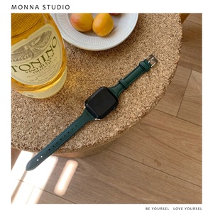 Monna真皮墨绿色气质复古适用苹果iwatch23456s7e表带ins简约温柔