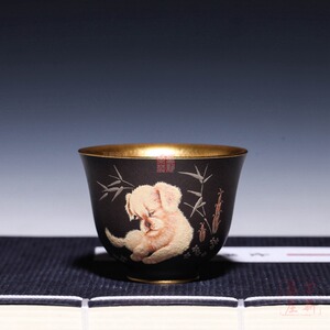 万新茶庄 莲生夏学良 全手工制作 精工泥彩绘金杯粉金 工艺主人杯