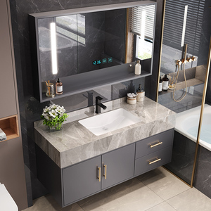 浴室柜组合现代岩板无缝拼接陶瓷盆实木卫生间洗手盆洗脸盆洗漱盆