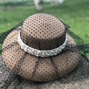 欧洲名媛赫本风波点网纱遮脸帽子夏天大帽檐防晒遮阳平顶草帽女