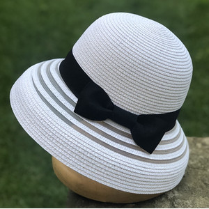 赫本风白色草帽女夏天出游优雅气质遮阳帽法式灯罩小沿网纱太阳帽