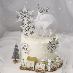 网红圣诞节水晶麋鹿蛋糕摆件创意发光月球灯珍珠皇冠雪花生日插件