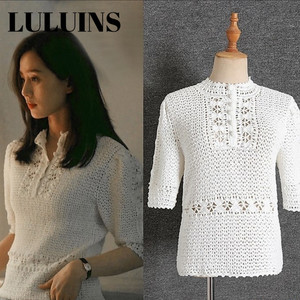 luluins新款流金岁月刘诗诗明星同款衣服白色毛衣钩花针织衫女装