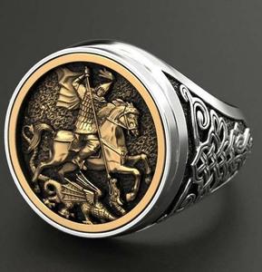 一航独特的主权男士戒指 圣乔治肖像画镀925双色罗马士兵龙戒指