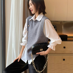 针织马甲衬衫两件套女早春2022新款欧货时尚毛衣背心盐系穿搭套装