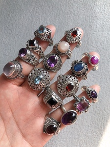 E37尼泊尔带回黑玛瑙黄紫水晶石榴石托帕石粉晶镶嵌925纯银戒指