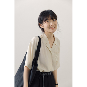 步履不停 古巴领短袖衬衫女夏2021年新款纯色宽松休闲衬衣 11118