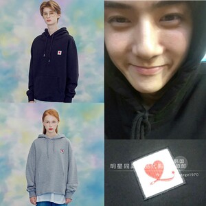 3色[韩国代购代购]aqo正品exo吴世勋连帽红桃心logo情侣宽松卫衣