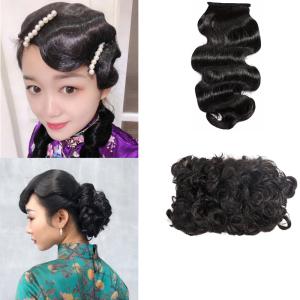 包邮复古旗袍洋装螺旋公主绑带宫廷油条卷金粉白秀珠马尾披肩假发