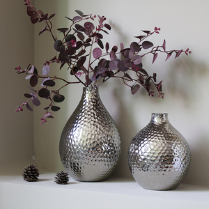轻奢银色圆形花瓶陶瓷花器样板间茶几软装饰品摆件仿金属不锈钢