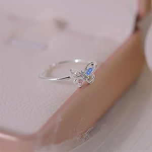 S925纯银彩色镶钻蝴蝶戒指开口可调甜美可爱设计感高级气质韩版潮