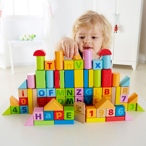 Hape积木拼装益智玩具儿童木质拼搭大颗粒数字字母幼儿2-6岁桶装