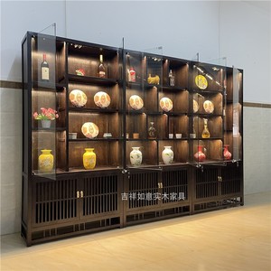 实木酒柜带锁带灯玻璃门展示柜中式现代书架茶叶茶具紫砂壶博古架
