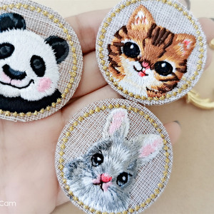小猫猫咪熊猫兔子可爱卡通徽章衣服装饰贴布贴花动物圆形刺绣