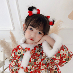 小女孩红色蝴蝶结发圈宝宝毛球新年发饰儿童可爱丸子头绳中国风潮