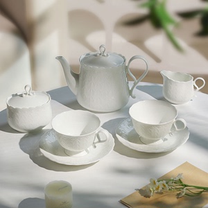 日本鸣海SilkyWhite骨瓷茶具丝绸白浮雕茶壶奶罐糖罐咖啡杯碟套装