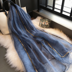 围巾女春季韩版百搭纯色真丝羊毛披肩金边钉珠纱巾桑蚕丝丝巾春秋