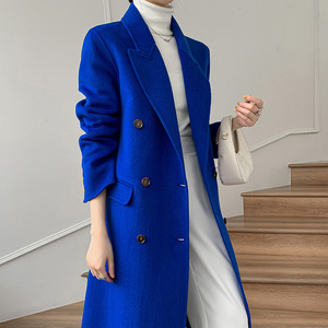 双面羊毛大衣女中长款2022修身毛呢外套秋冬克莱因蓝宝蓝色宝石蓝