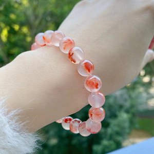 凉山南红冰飘花手串俏色红色玛瑙高冰荔枝冻单圈手链纯天然川料女