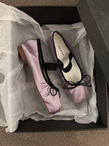 平底紫色蝴蝶结方头单鞋女鞋子2024新款春季法式芭蕾舞鞋玛丽珍鞋