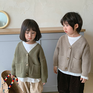 韩国童装儿童秋冬韩版毛衣开衫男女宝宝粗毛线纯色文艺范针织外套