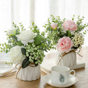 北欧仿真花套装陶瓷麻绳花瓶玫瑰花仿真植物盆栽家居装饰假花盆小