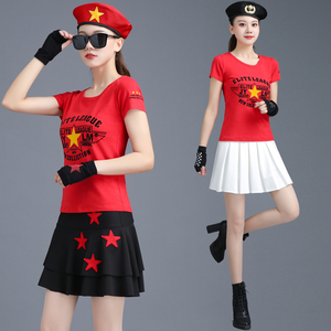 水兵舞服装新款套装女纯棉广场舞大码裙子跳舞蹈团体运动表演出服