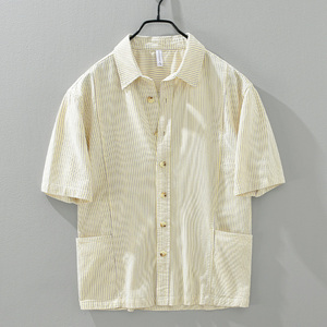 MRMING日系复古奶黄色条纹短袖衬衫男夏季薄款舒适透气时尚衬衣潮
