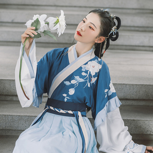 汉尚华莲长安花蓝色交领齐腰衫裙搭配半臂原创汉服女