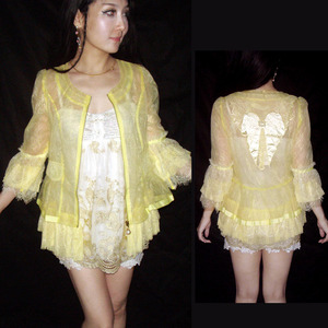 蕾丝欧根纱九分袖荷叶拉链开衫外套春秋透视修身外衣刺绣蝴蝶结黄