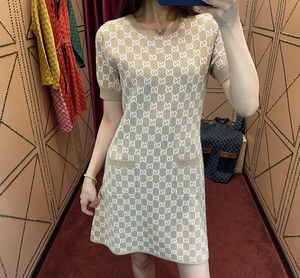 正品代购gucci古奇2021春夏款双g字母提花棉毛混纺短袖针织连衣裙